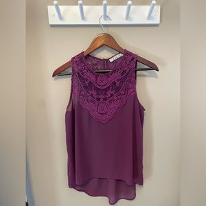 Plum embroidered tank top. High neck, elegant drape style.